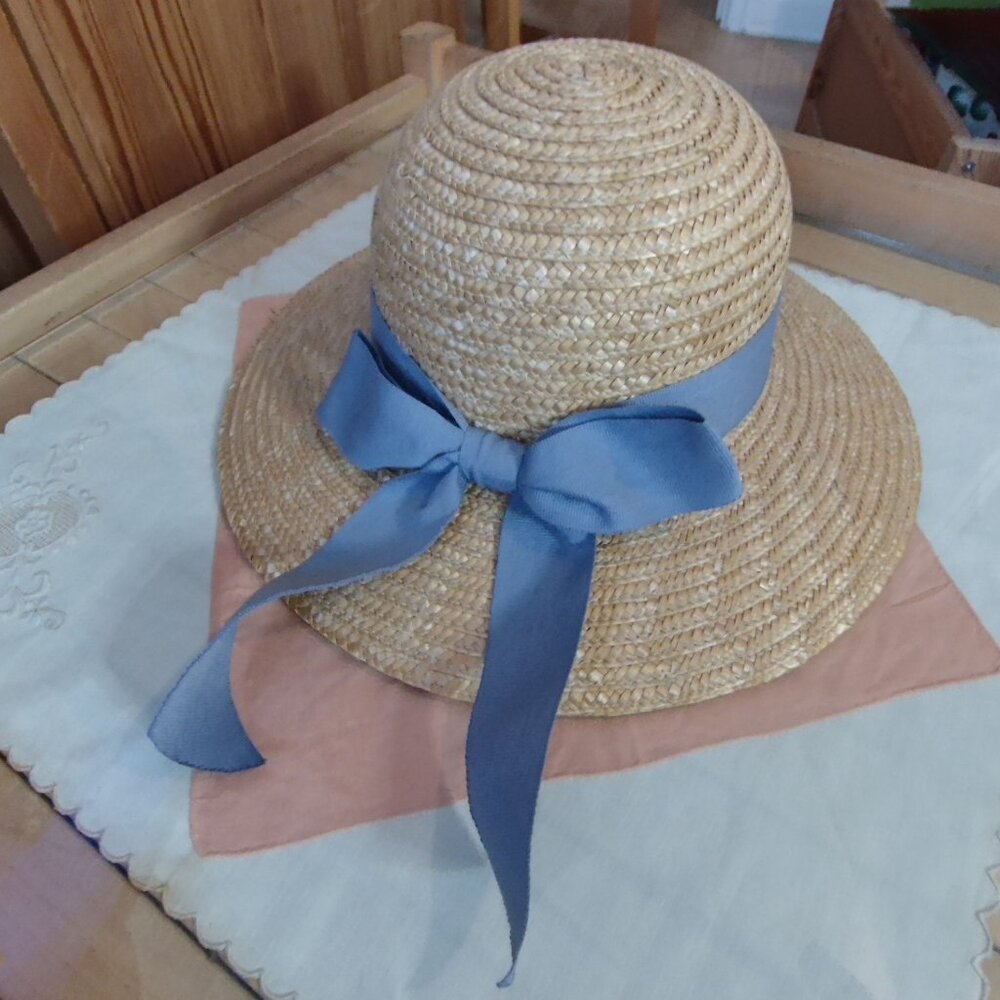 Cornelloki Vintage Style Straw Sun Hat with Dusty Blue Grosgrain Bow Size S/M